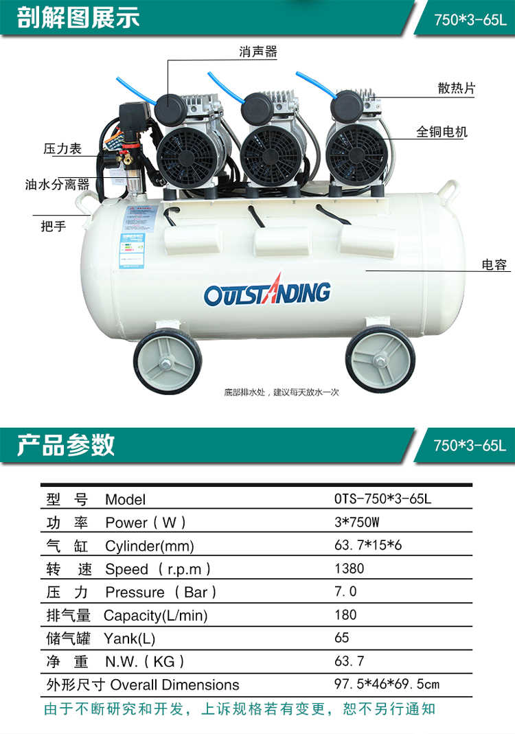 奥突斯ots-750x3-65l 静音无油空气压缩机喷漆牙科空